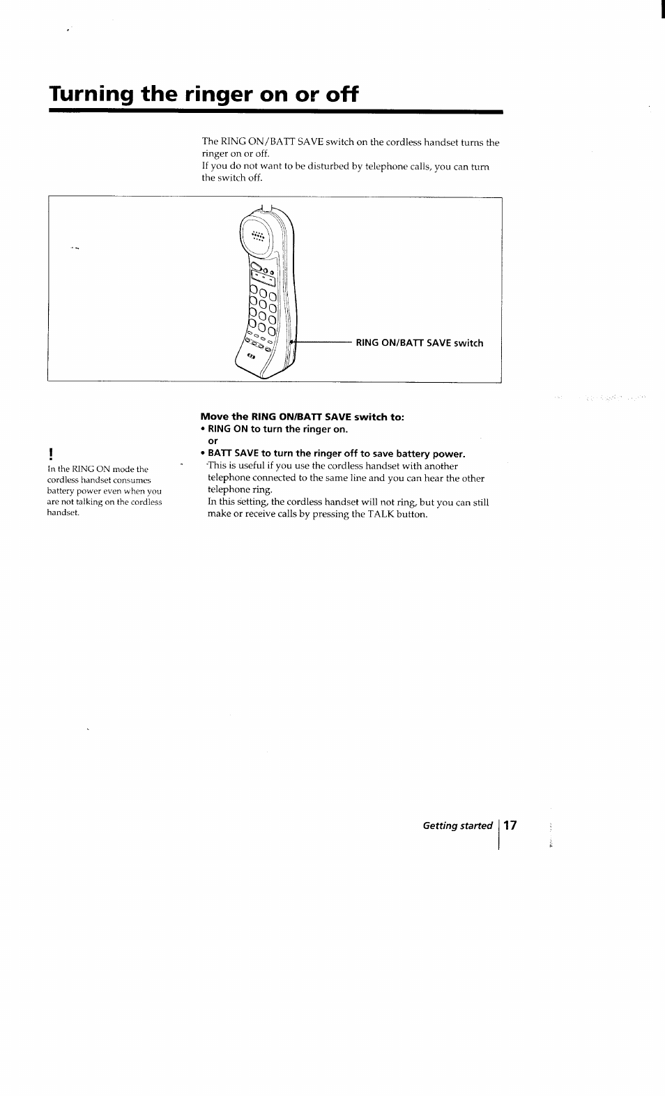 Turning the ringer on or off, Move the ring on/batt save switch to | Sony SPP-Q200 User Manual | Page 17 / 52