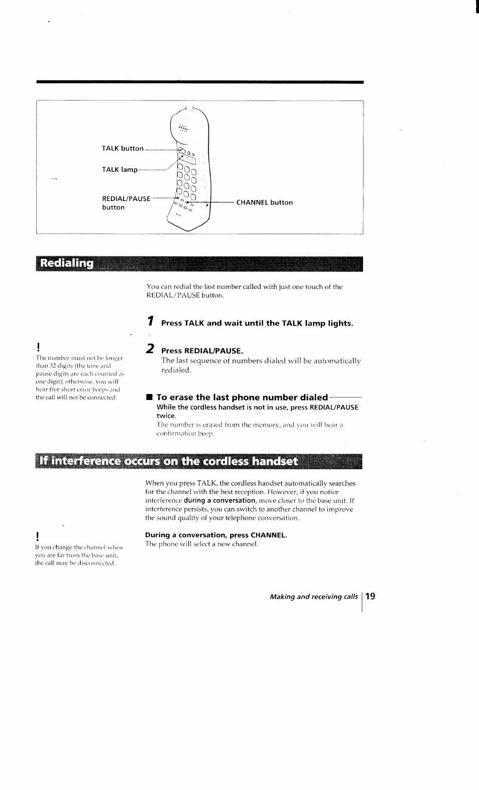 1 press talk and wait until the talk lamp lights, 2 press redial/pause, To erase the last phone number dialed | If interference occurs on the cordless handset, During a conversation, press channel | Sony SPP-Q200 User Manual | Page 19 / 52