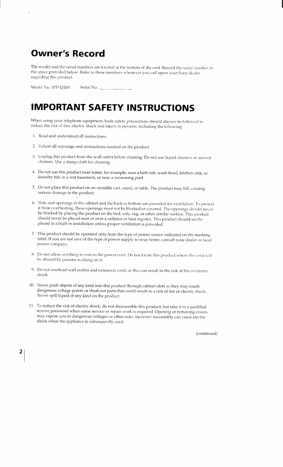 Owner's record, Important safety instructions | Sony SPP-Q200 User Manual | Page 2 / 52