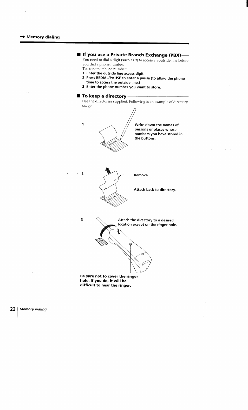 Memory dialing, If you use a private branch exchange (pbx), To keep a directory | Sony SPP-Q200 User Manual | Page 22 / 52