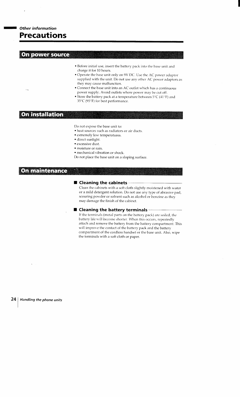 Precautions, On power source, On installation | On power source on installation | Sony SPP-Q200 User Manual | Page 24 / 52