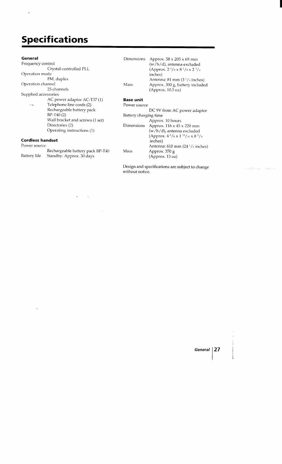 Specifications, General, Cordless handset | Base unit | Sony SPP-Q200 User Manual | Page 27 / 52