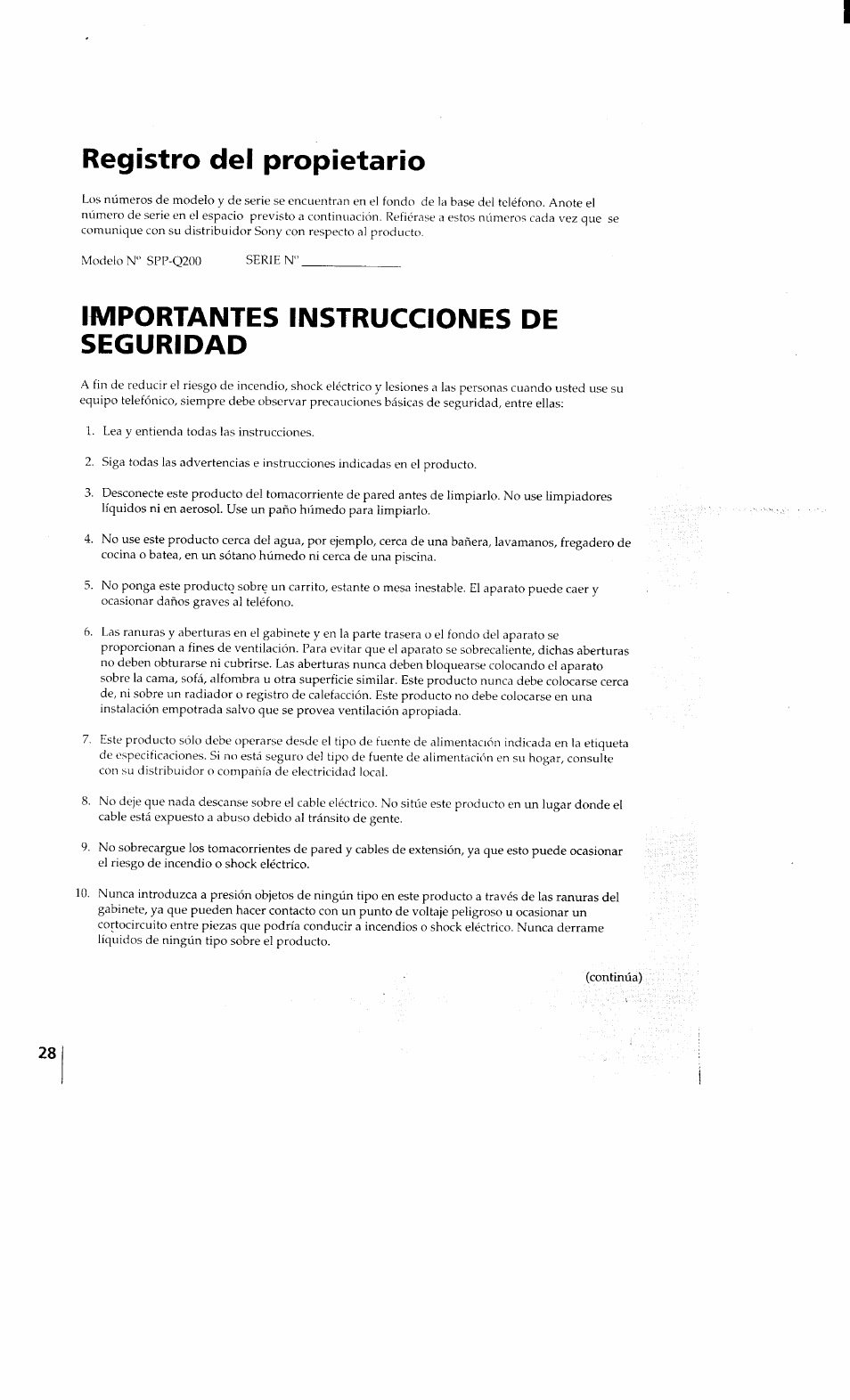 Registro del propietario, Importantes instrucciones de seguridad | Sony SPP-Q200 User Manual | Page 28 / 52