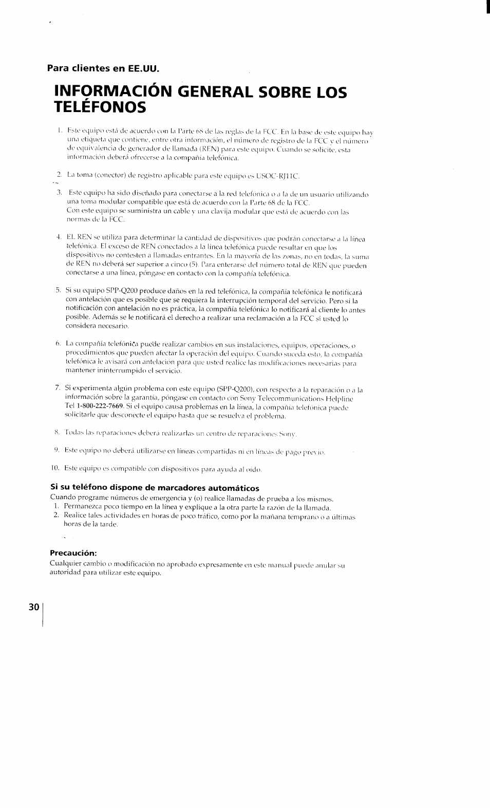 Información general sobre los teléfonos, Si su teléfono dispone de marcadores automáticos, Precaución | Para clientes en ee.uu | Sony SPP-Q200 User Manual | Page 30 / 52