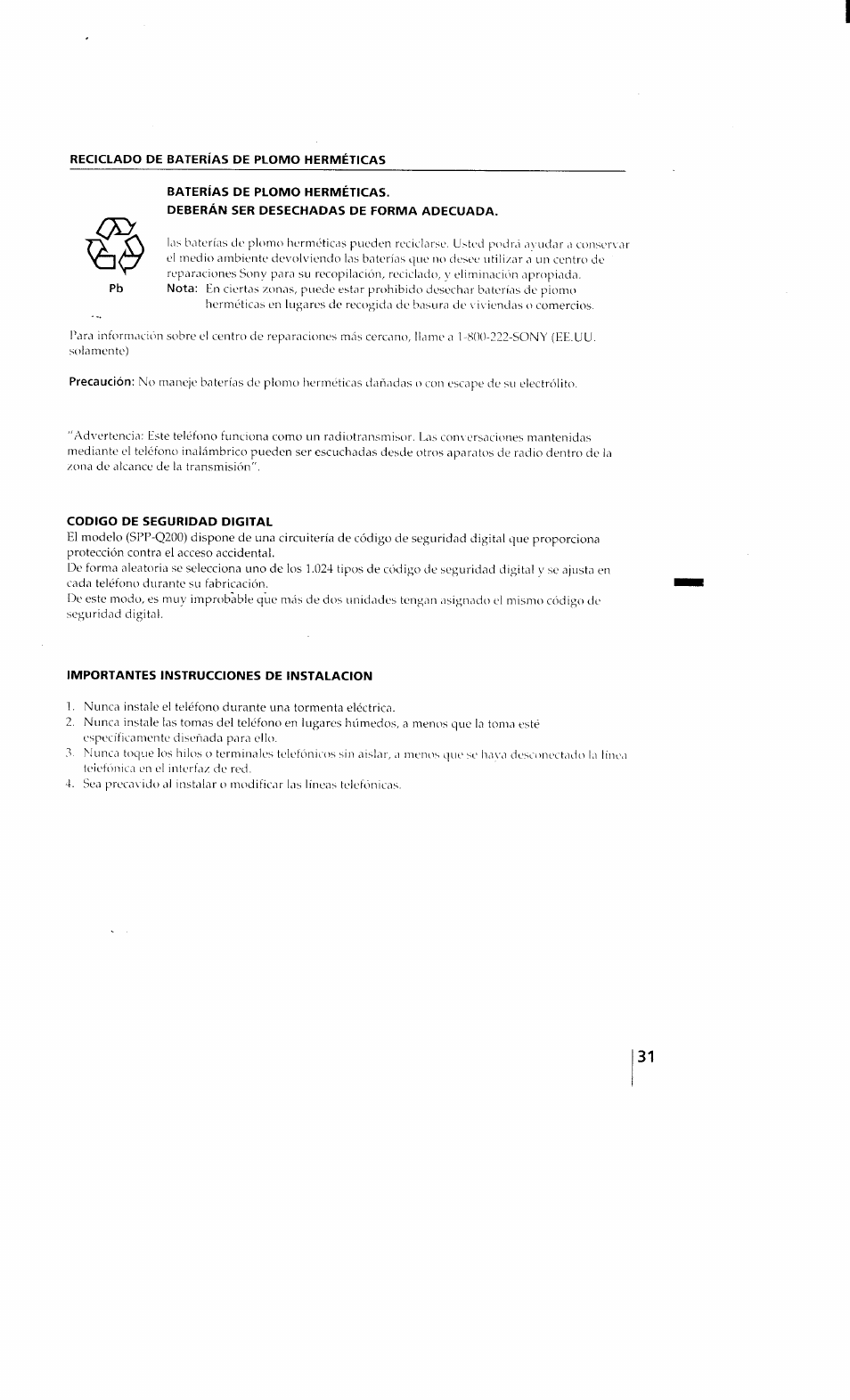 Reciclado de baterias de plomo hermeticas, Baterias de plomo hermeticas, Deberán ser desechadas de forma adecuada | Codigo de seguridad digital, Importantes instrucciones de instalacion | Sony SPP-Q200 User Manual | Page 31 / 52