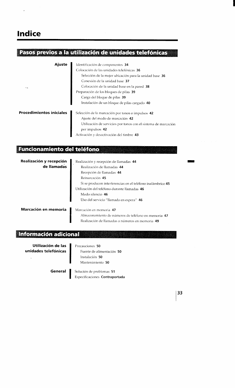 Indice, Ajuste, Procedimientos iniciales | Funcionamiento del teléfono, Realización y recepción de llamadas, Marcación en memoria, Información adicional, Utilización de las unidades telefónicas, General | Sony SPP-Q200 User Manual | Page 33 / 52