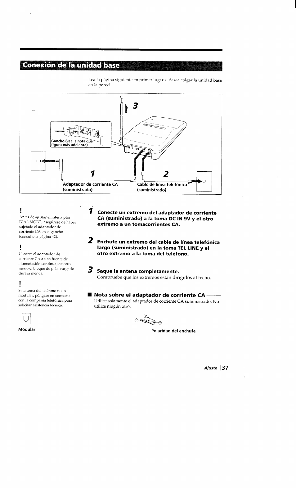 Conexión de la unidad base, 3 saque la antena completamente, Nota sobre el adaptador de corriente ca | Sony SPP-Q200 User Manual | Page 37 / 52