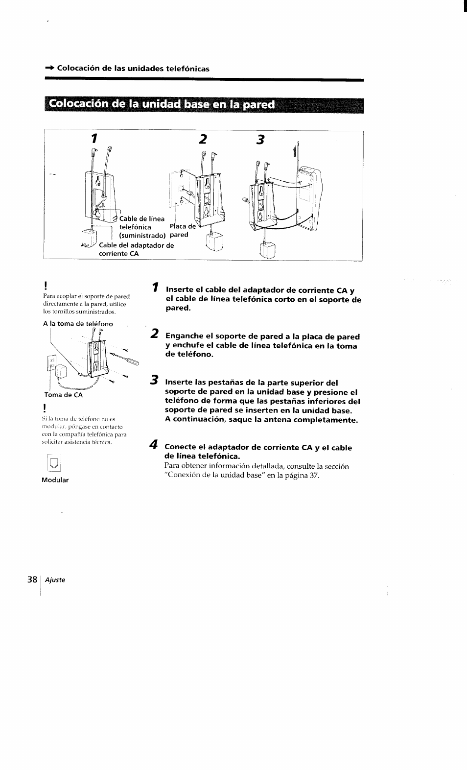 Colocación de la unidad base en la pared | Sony SPP-Q200 User Manual | Page 38 / 52