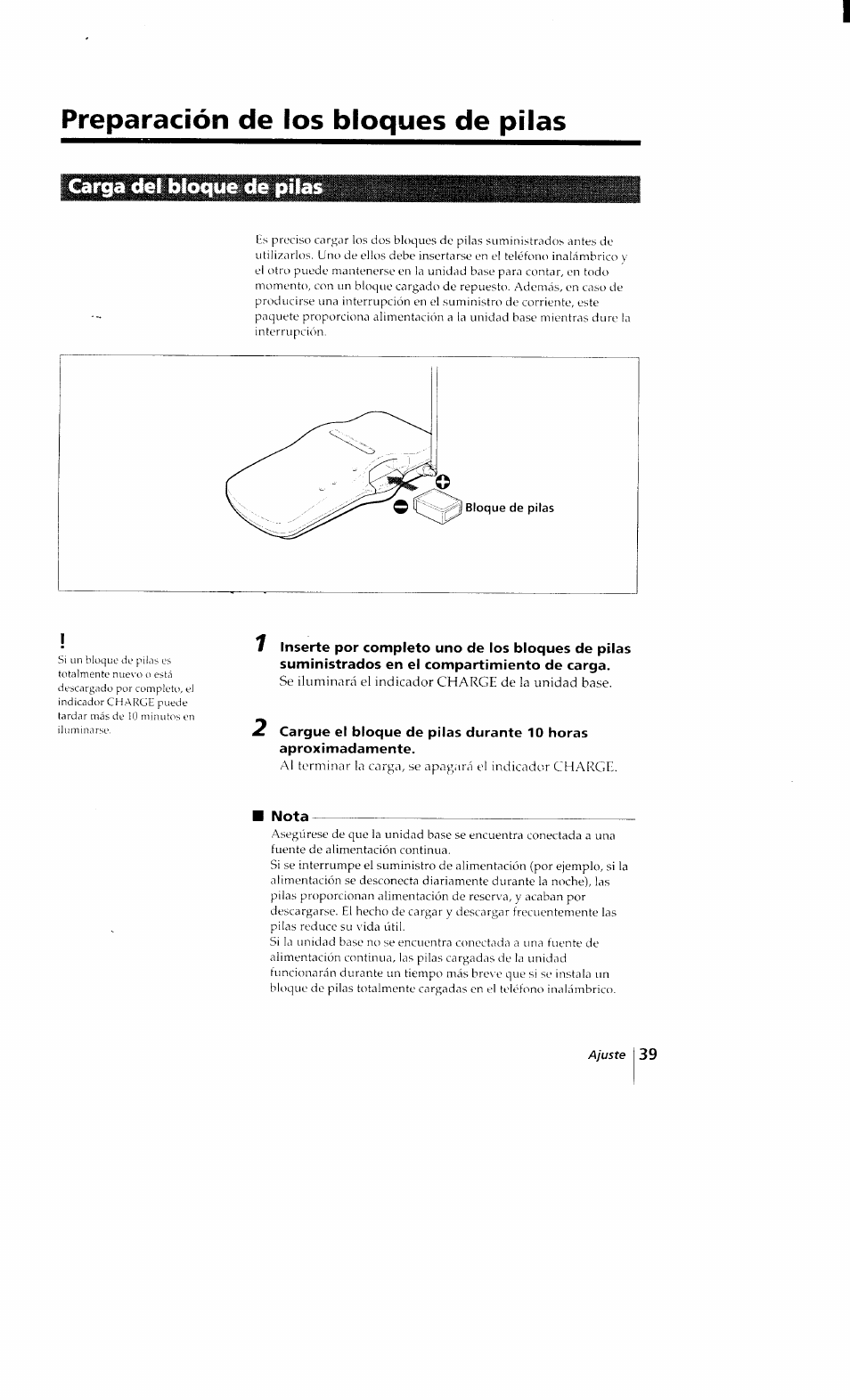 Preparación de los bloques de pilas, Carga del blogue de pilas, Nota | Sony SPP-Q200 User Manual | Page 39 / 52