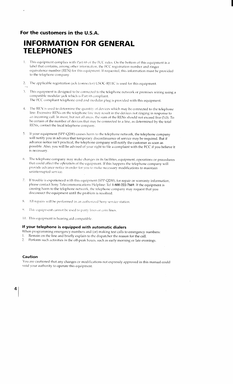 Information for general telephones, Caution, For the customers in the u.s.a | Sony SPP-Q200 User Manual | Page 4 / 52