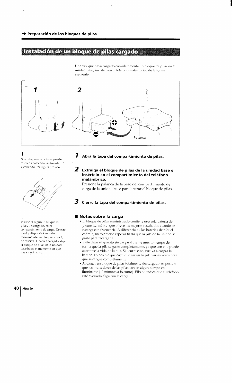 Preparación de ios bloques de pilas, Instalación de un bloque de pilas cargad, 1 abra la tapa del compartimiento de pilas | 3 cierre la tapa del compartimiento de pilas, Notas sobre la carga | Sony SPP-Q200 User Manual | Page 40 / 52