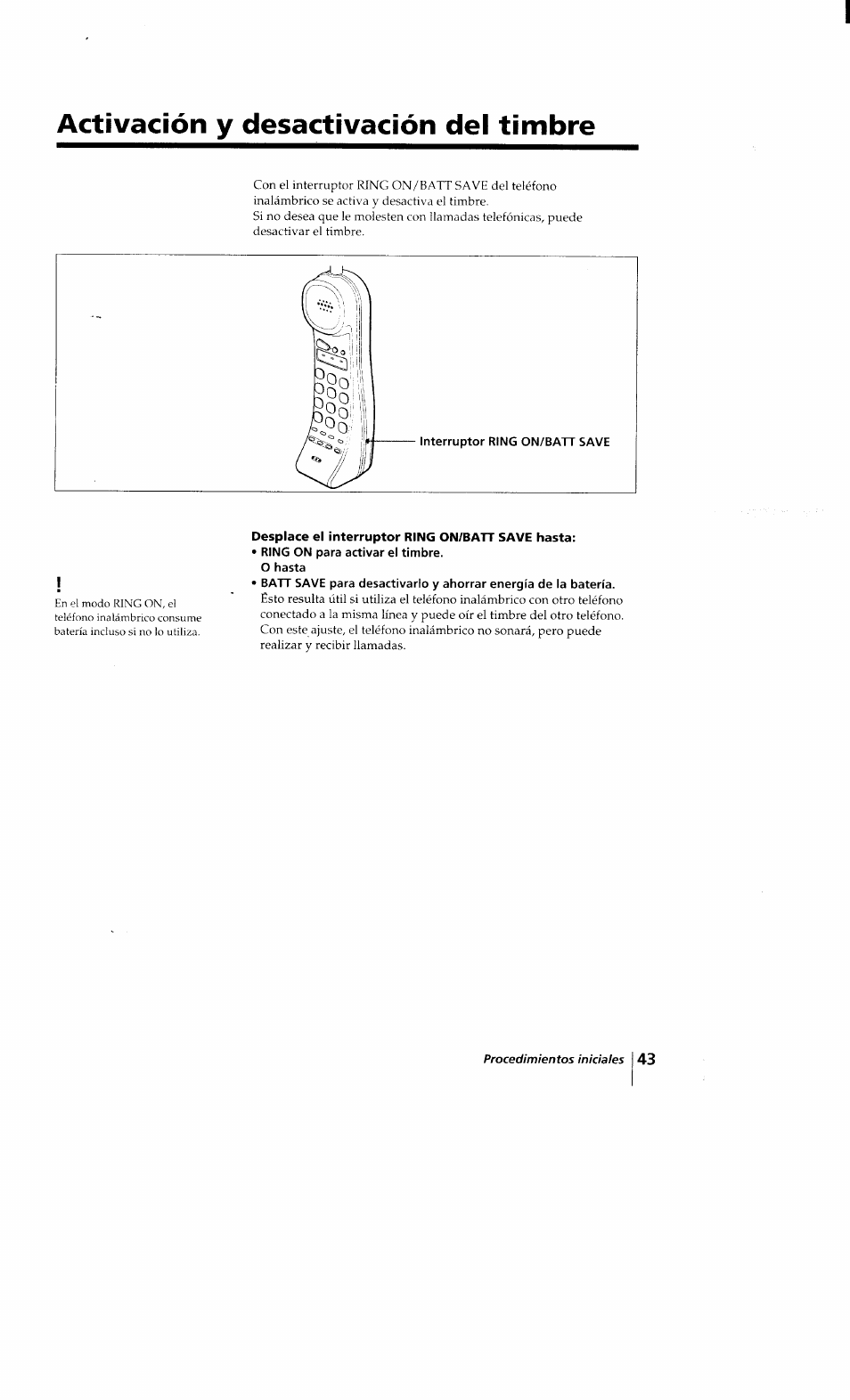 Activación y desactivación del timbre, Desplace el interruptor ring on/batt save hasta | Sony SPP-Q200 User Manual | Page 43 / 52