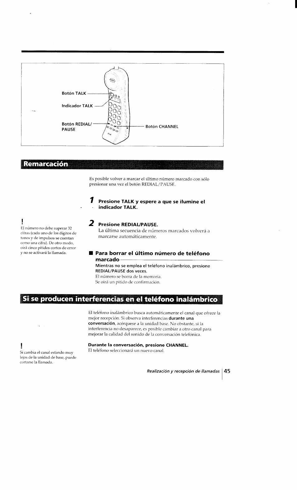 Remarcación, Presione redial/pause, Para borrar el último número de teléfono marcado | Durante la conversación, presione channel | Sony SPP-Q200 User Manual | Page 45 / 52