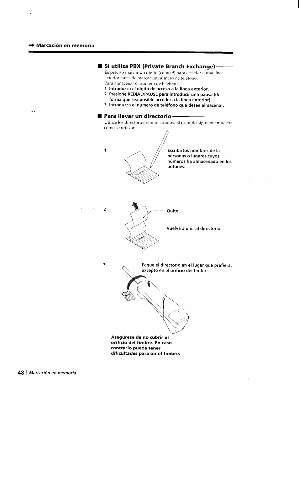 Marcación en memoria, S¡ utiliza pbx (private branch exchange) | Sony SPP-Q200 User Manual | Page 48 / 52