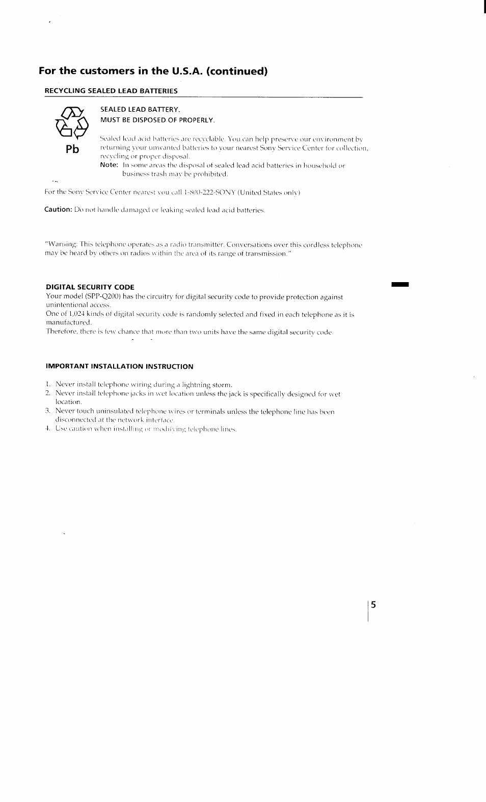 For the customers in the u.s.a. (continued) | Sony SPP-Q200 User Manual | Page 5 / 52