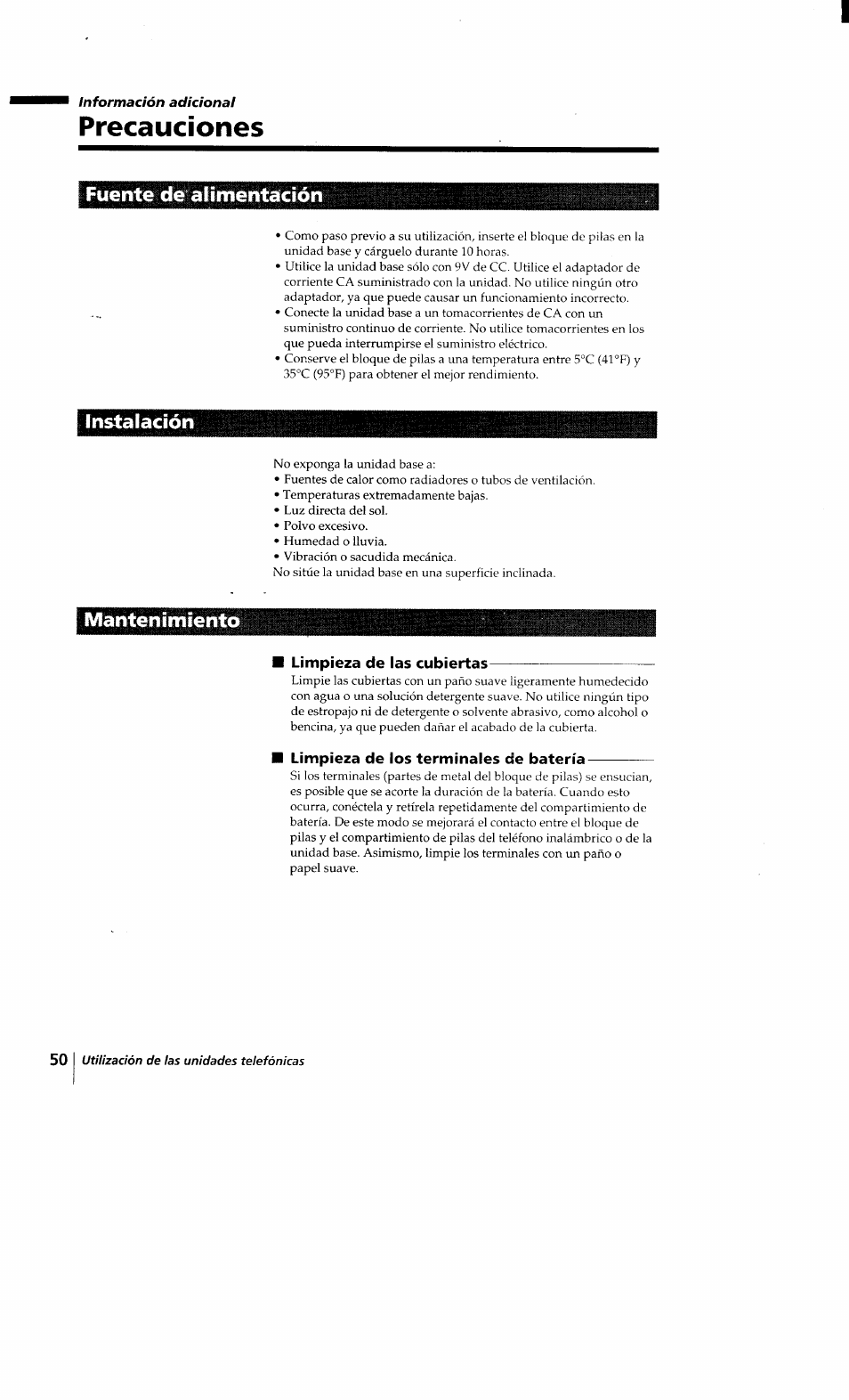 Precauciones, Fuente de alimentación, Instalación | Mantenimiento, Limpieza de las cubiertas, Limpieza de los terminales de batería, Fuente de alimentación instalación mantenimiento | Sony SPP-Q200 User Manual | Page 50 / 52