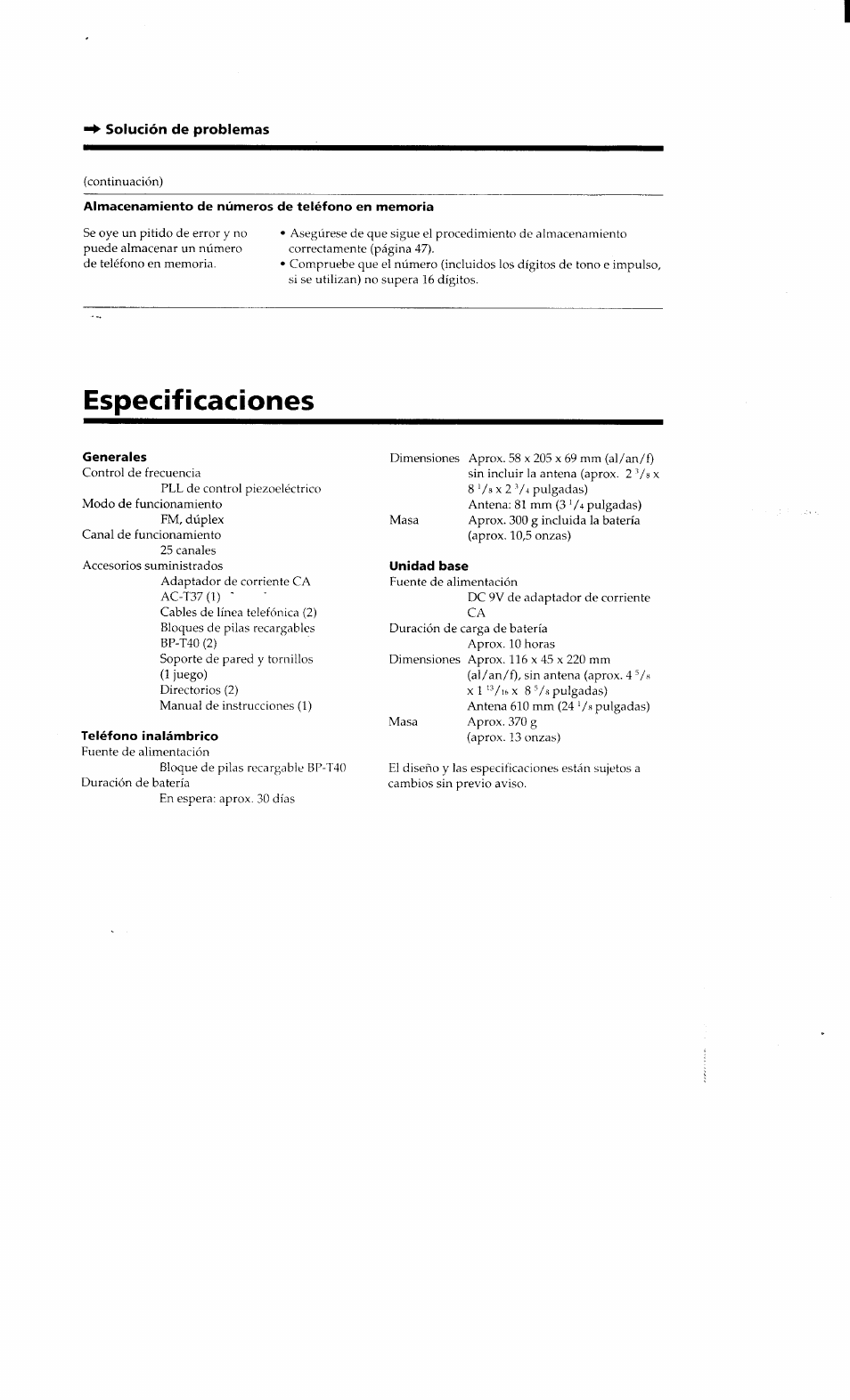 Solución de problemas, Almacenamiento de números de teléfono en memoria, Especificaciones | Generales, Teléfono inalámbrico, Unidad base | Sony SPP-Q200 User Manual | Page 52 / 52