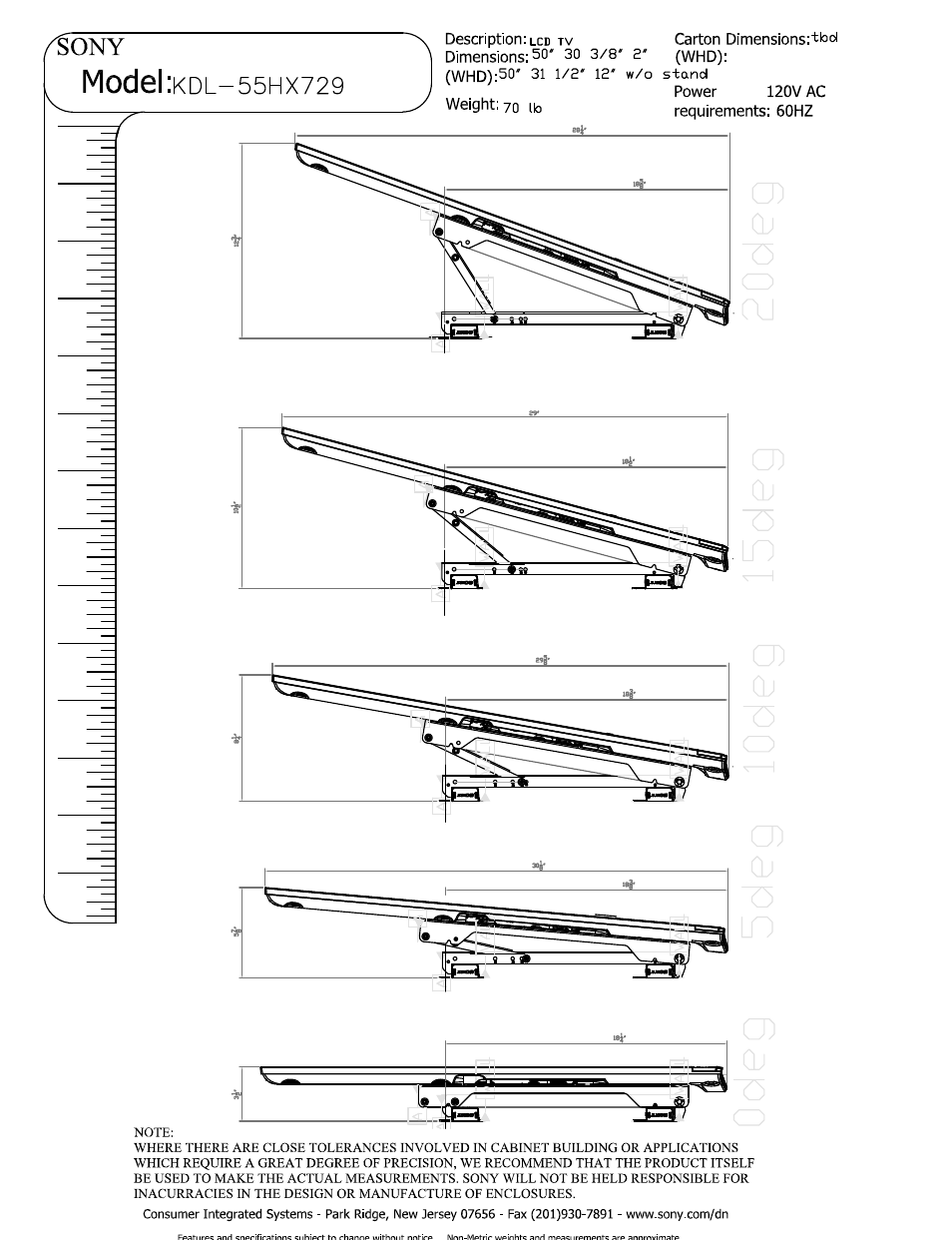 Weight: 70 ib, Power 120v ac requirements: 60hz, Model | Sony KDL-55HX729 User Manual | Page 2 / 5