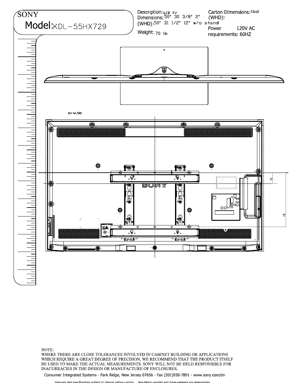 Power 120v ac requirements: 60hz, Model | Sony KDL-55HX729 User Manual | Page 4 / 5