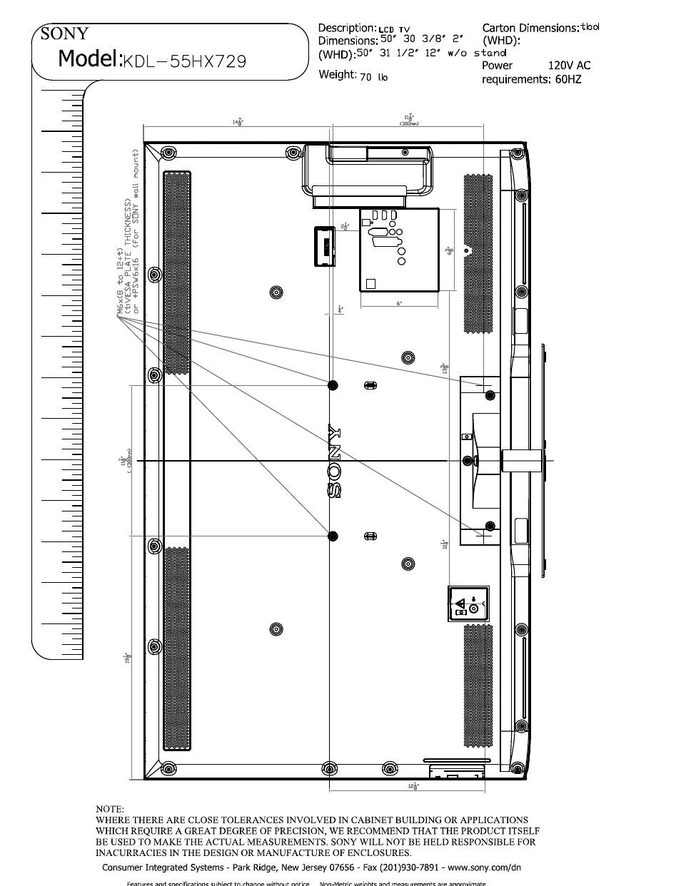 Power 120v ac requirements: 60hz, Model | Sony KDL-55HX729 User Manual | Page 5 / 5