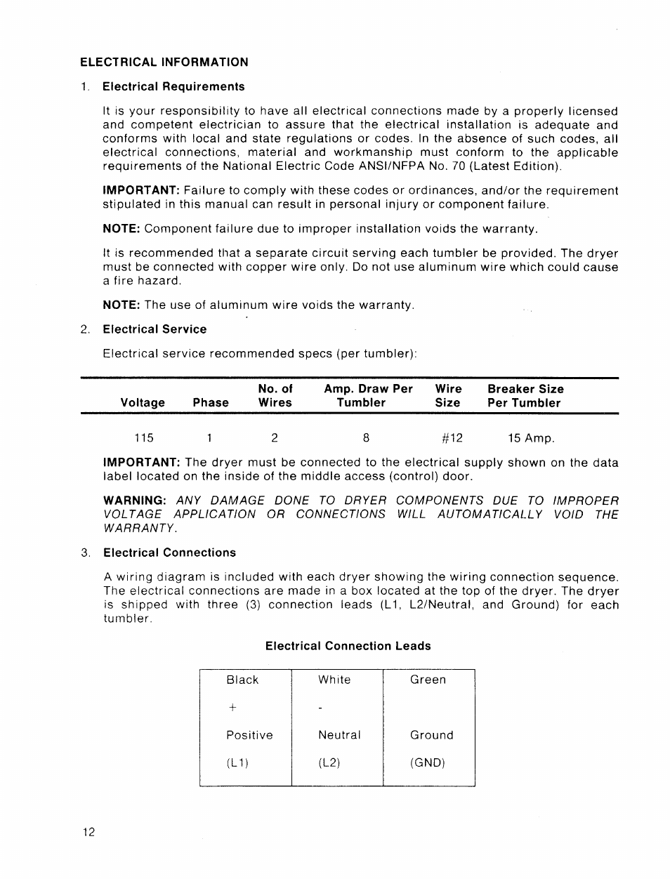 Electrical information 1 electrical requirements, Electrical service, Voltage phase | No. of amp. draw per wire wires tumbler size, Breaker size per tumbler, Electrical connections, Electrical connection leads | American Dryer Corp. 30 lb. Stacked Models User Manual | Page 14 / 26