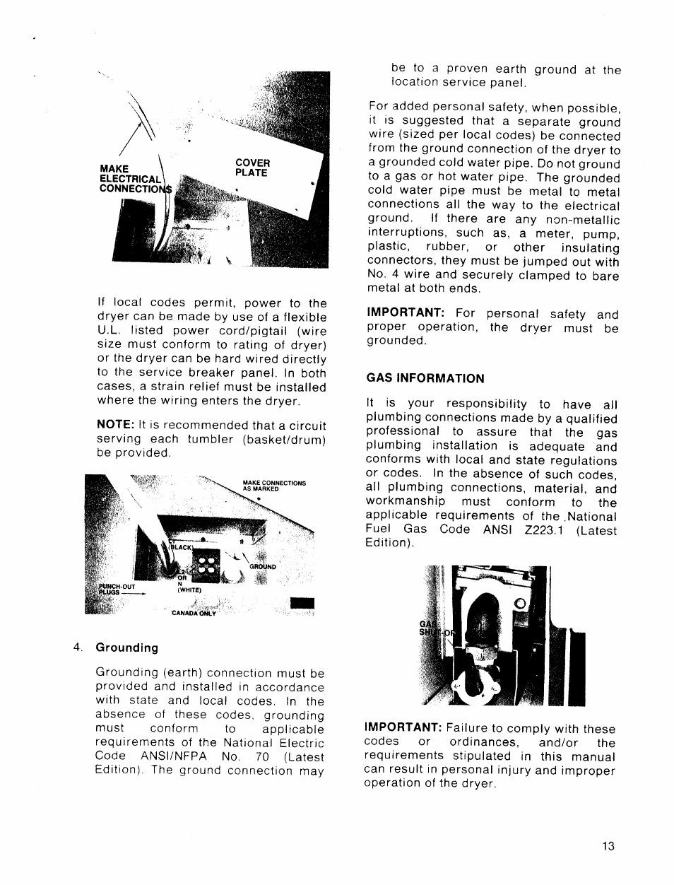 Grounding, Gas information | American Dryer Corp. 30 lb. Stacked Models User Manual | Page 15 / 26