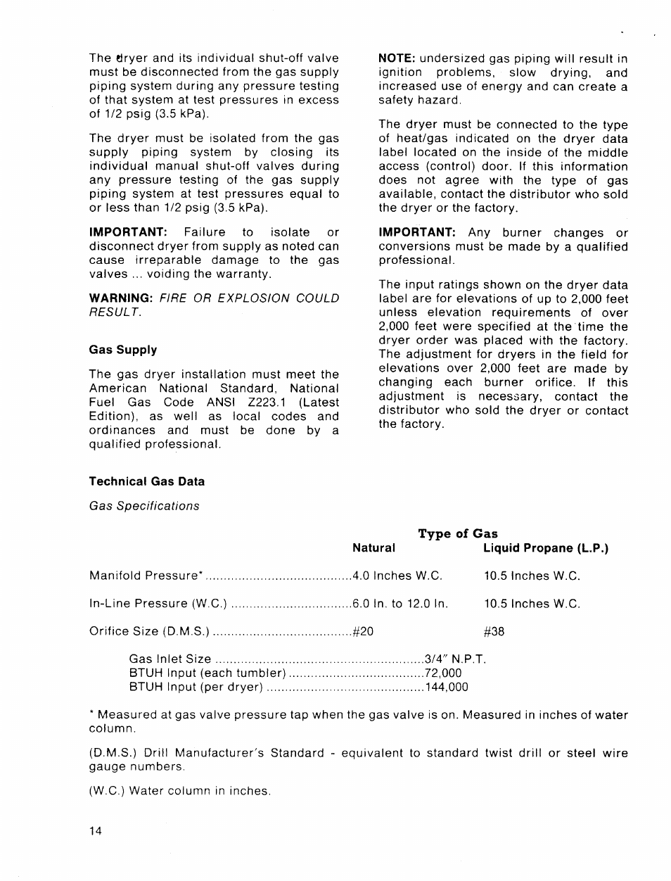 Gas supply, Technical gas data, Type of gas | American Dryer Corp. 30 lb. Stacked Models User Manual | Page 16 / 26