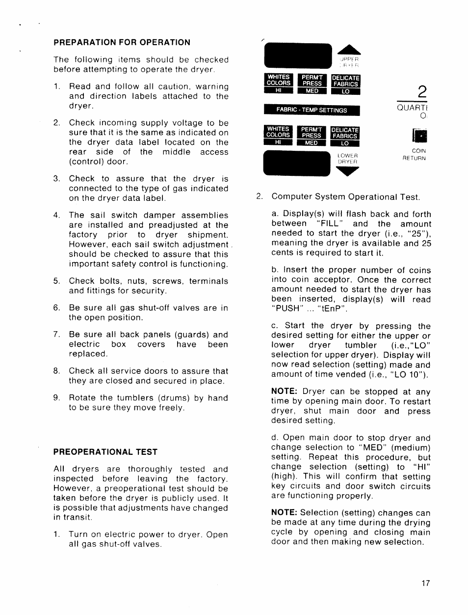 Preparation for operation, Preoperational test | American Dryer Corp. 30 lb. Stacked Models User Manual | Page 19 / 26