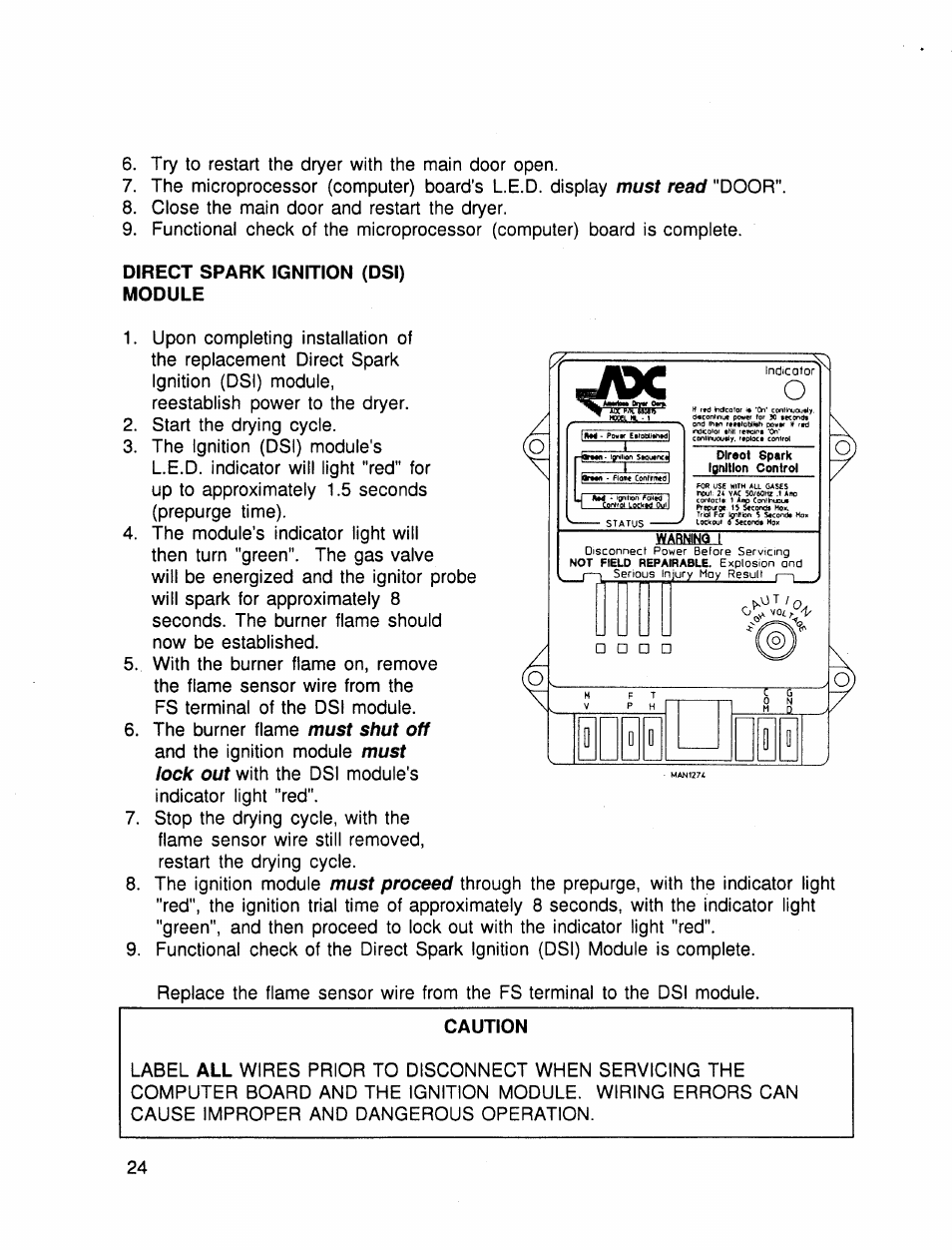 Direct spark ignition (dsi), Module, Caution | American Dryer Corp. 30 lb. Stacked Models User Manual | Page 26 / 26