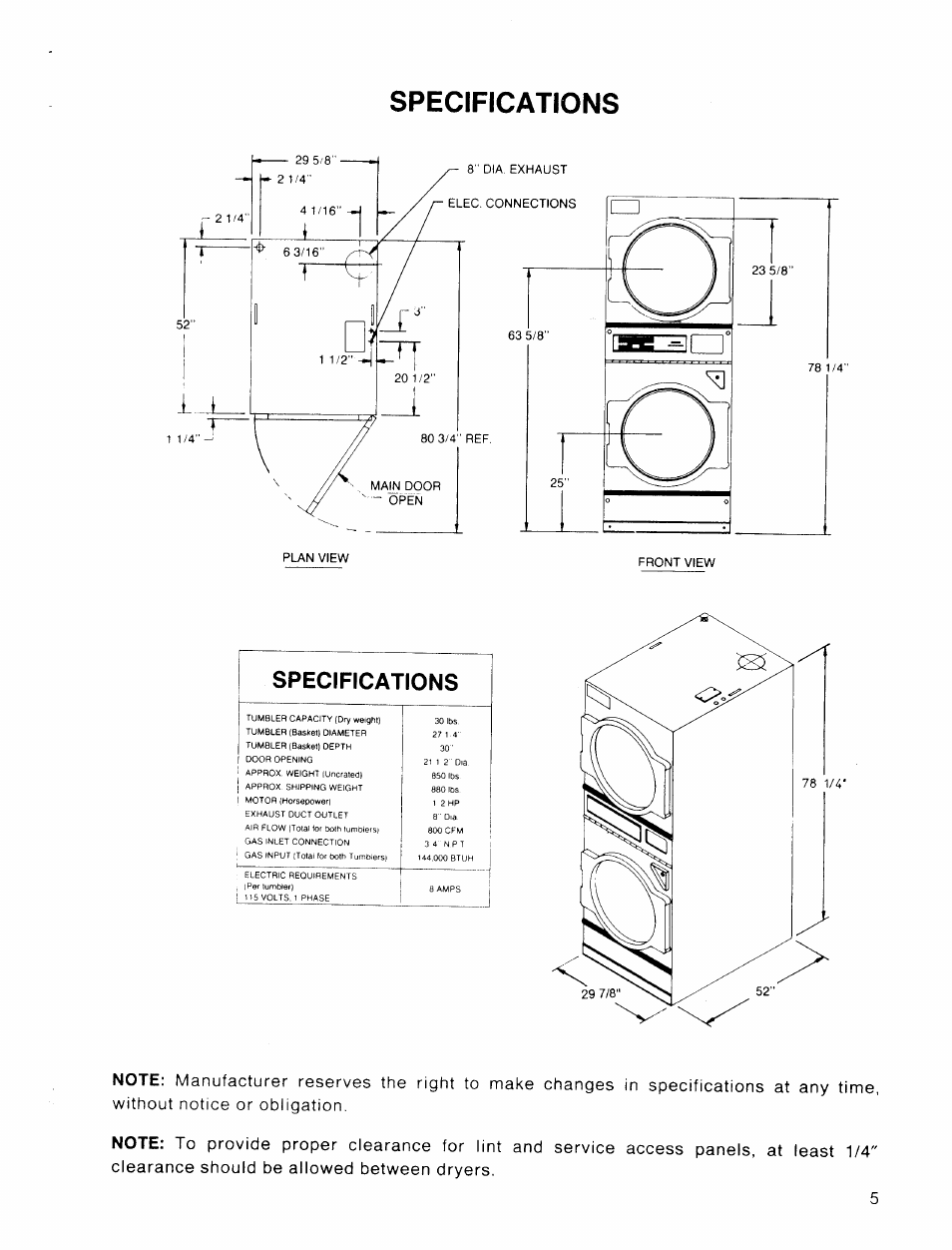 Specifications | American Dryer Corp. 30 lb. Stacked Models User Manual | Page 7 / 26