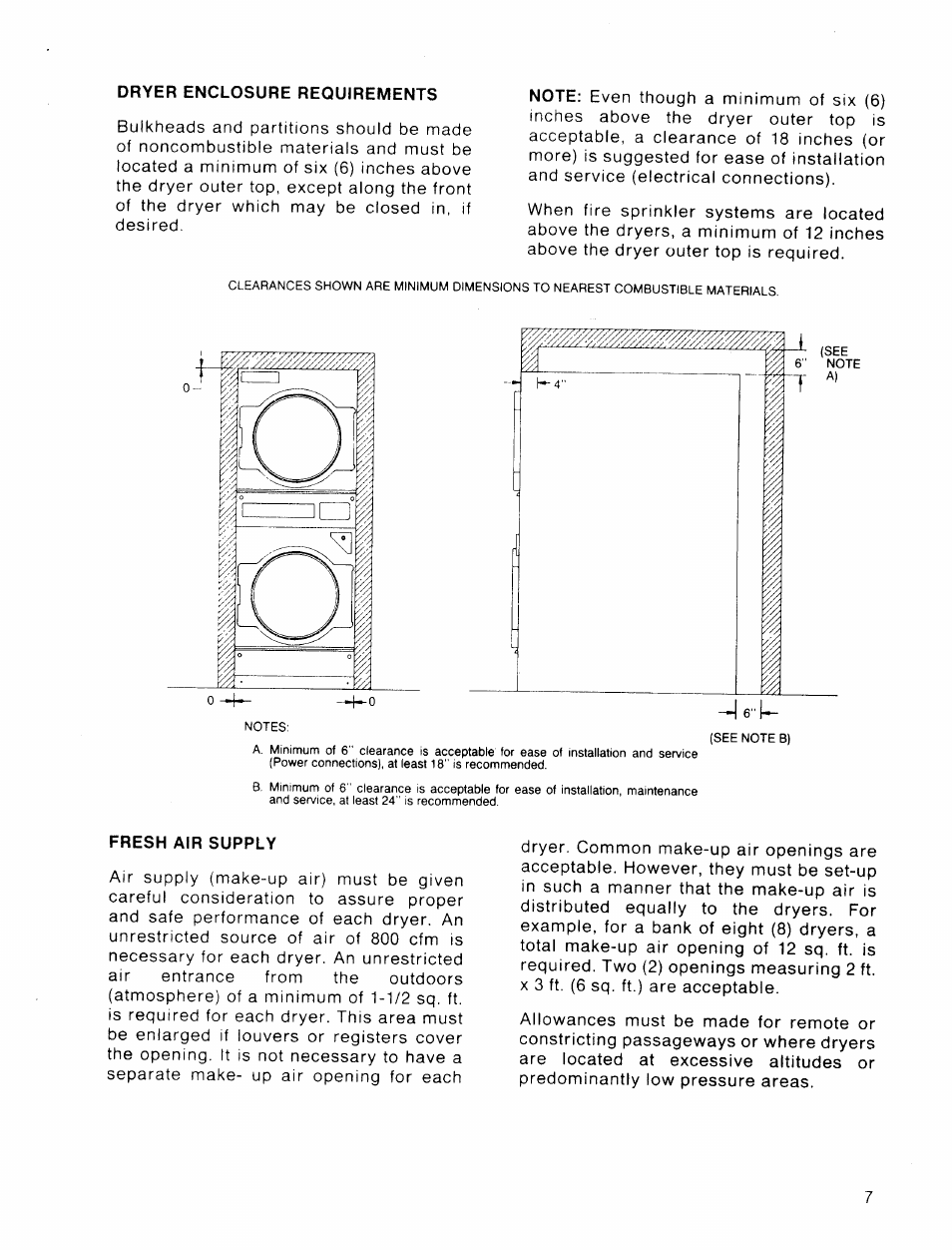 Dryer enclosure requirements, Fresh air supply | American Dryer Corp. 30 lb. Stacked Models User Manual | Page 9 / 26