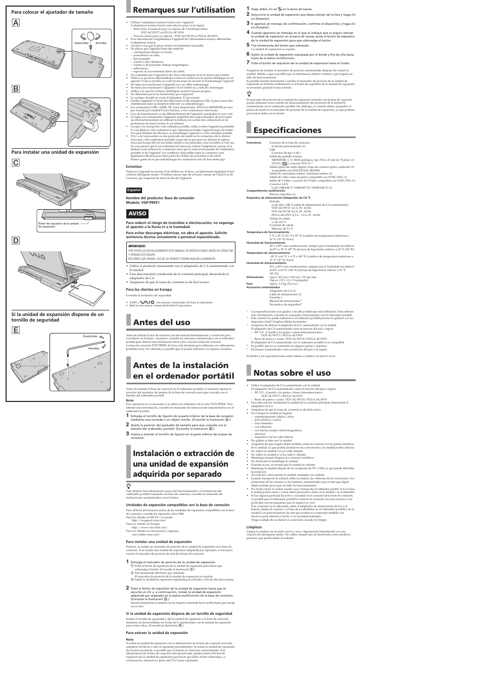 Especificaciones, Notas sobre el uso, Remarques sur l’utilisation | Antes del uso, Antes de la instalación en el ordenador portátil, Ab c d e, Aviso | Sony VGP-PRFE1 User Manual | Page 2 / 2