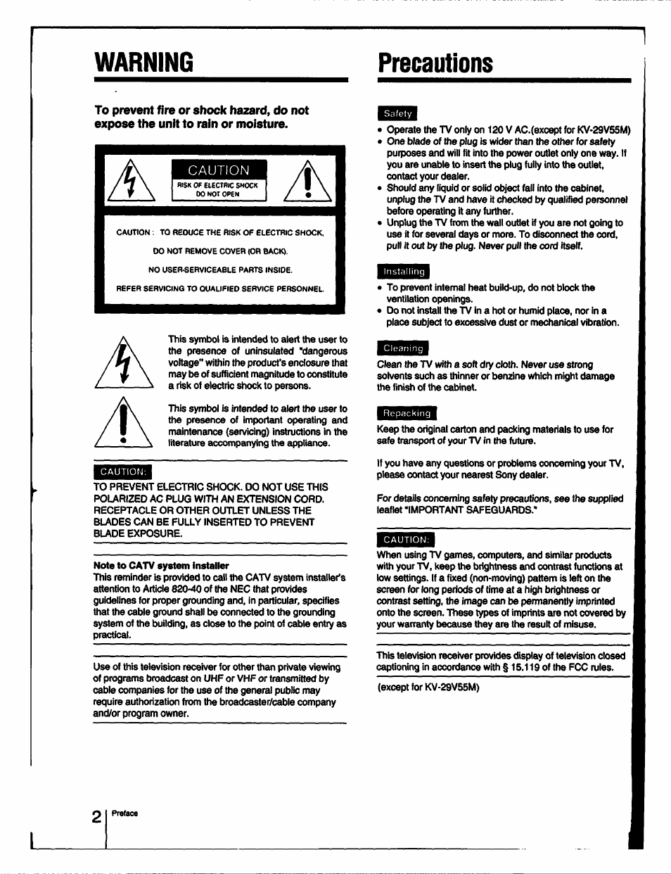 Note to catv system installer, Warning precautions, Caution | Lire or | Sony KV-27V55 User Manual | Page 2 / 60