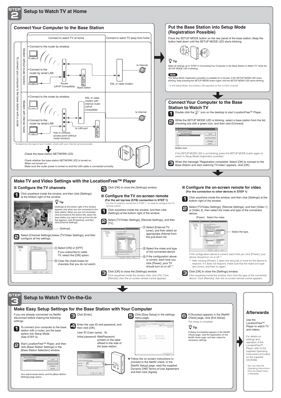 Setup to watch tv at home, Setup to watch tv on-the-go 2 3, Afterwards | Connect your computer to the base station | Sony LF-B1 User Manual | Page 2 / 2
