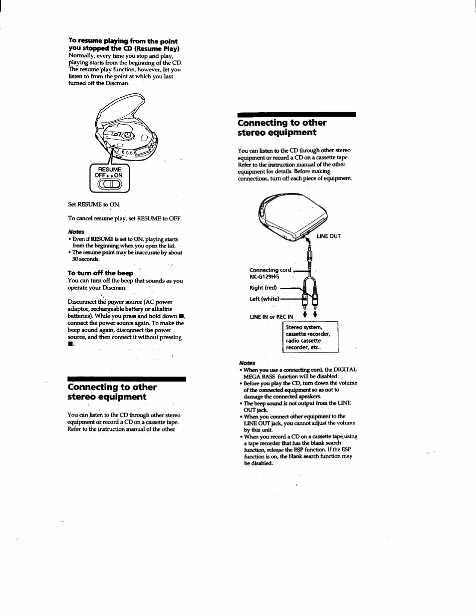 To turn off the beep, Connecting to other stereo equipment | Sony D-E307CK User Manual | Page 10 / 16