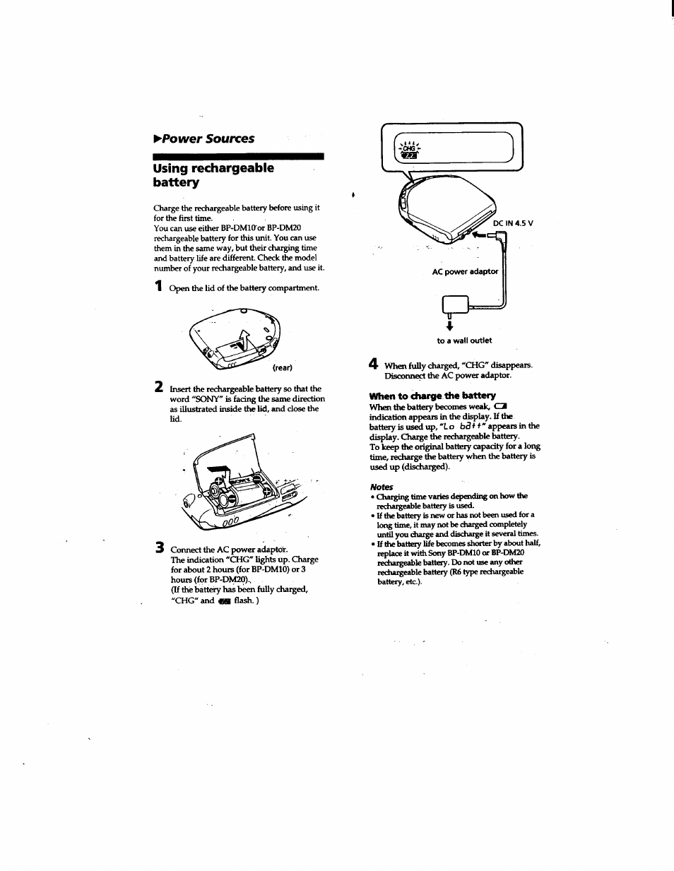Using rechargeable battery, When to charge the battery, Power sources | Sony D-E307CK User Manual | Page 12 / 16