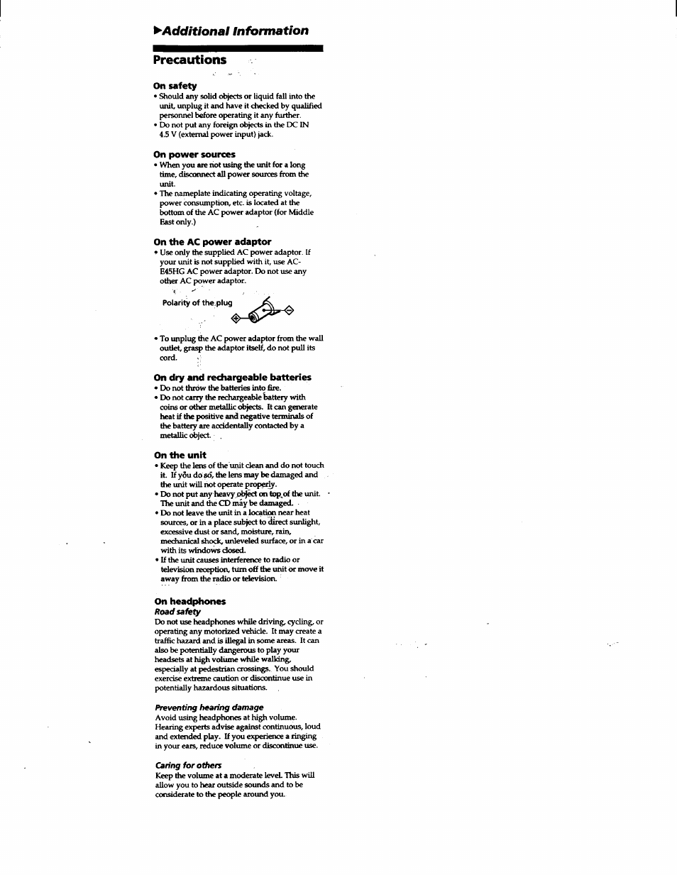 Precautions, On safety, On power sources | On the ac power adaptor, On dry and rechargeable batteries, On the unit, On headphones, Additional information | Sony D-E307CK User Manual | Page 14 / 16