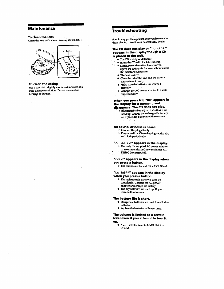 Maintenance, Trpubleshooting | Sony D-E307CK User Manual | Page 15 / 16