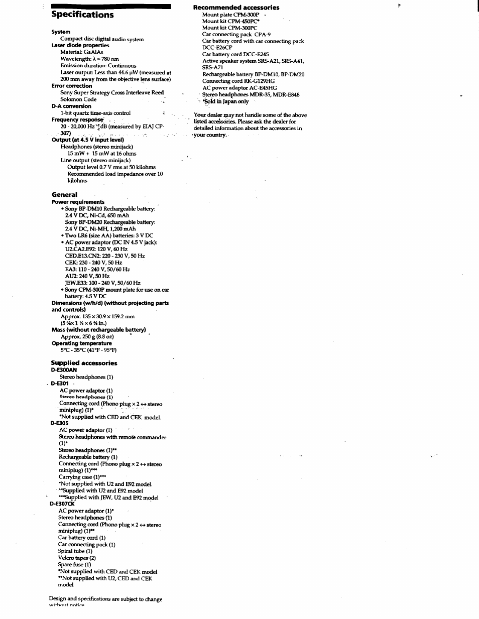 Specifications, Recommended accessories, General | Supplied accessories | Sony D-E307CK User Manual | Page 16 / 16