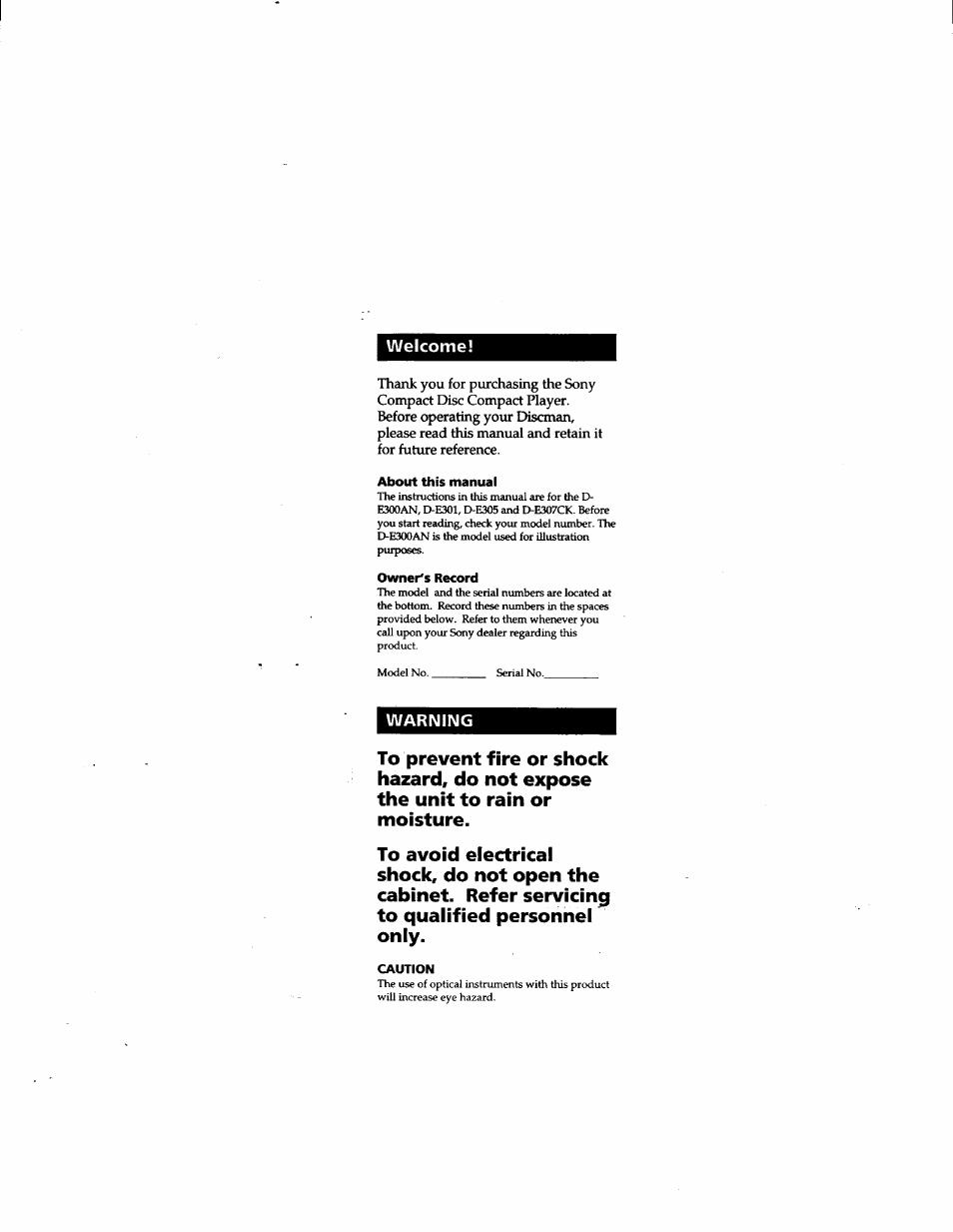 Welcome, About this manual, Owner's record | Warning, Caution | Sony D-E307CK User Manual | Page 2 / 16