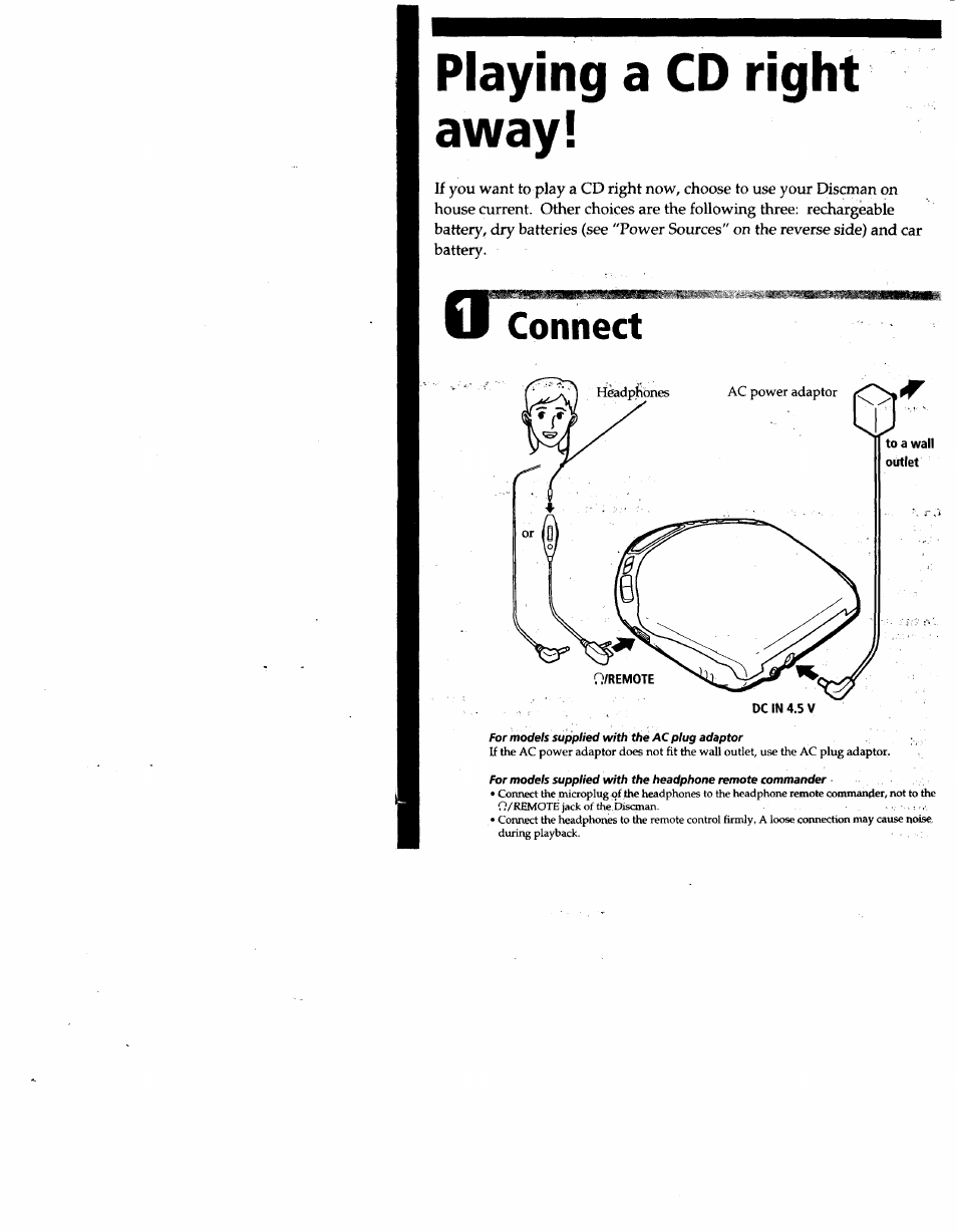 Playing a cd right away, Connect | Sony D-E307CK User Manual | Page 4 / 16
