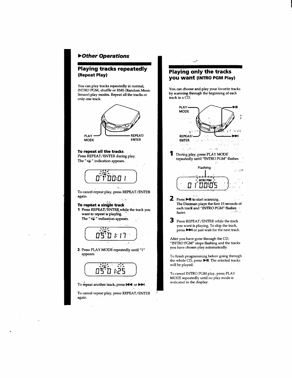 Playing tracks repeatedly, Playing only the tracks you want (intro pgm play), Mother operations | Os'u | Sony D-E307CK User Manual | Page 7 / 16