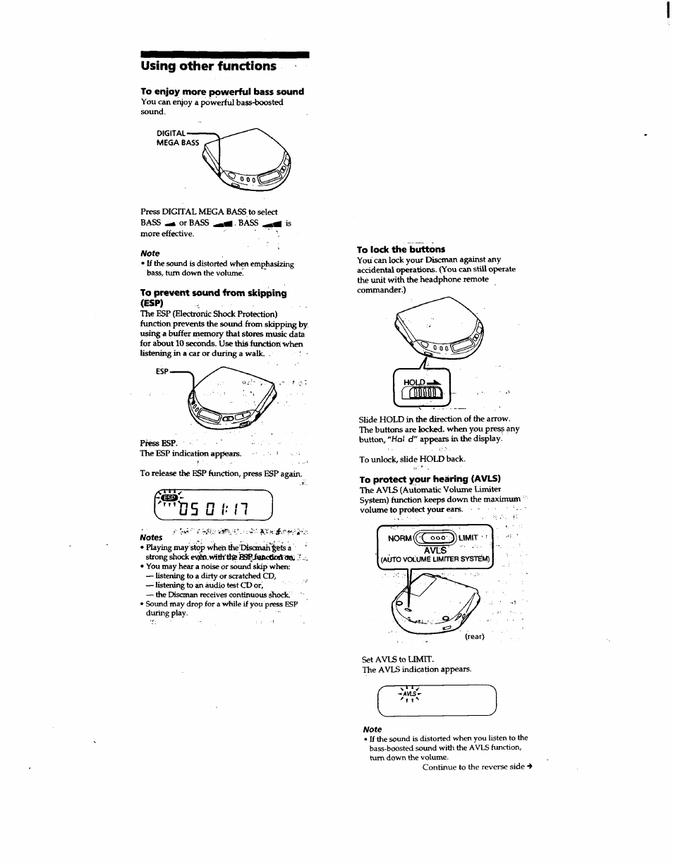 Using other functions, To enjoy more powerful bass sound, To prevent sound from skipping (esp) | To lock the buttons, To protect your hearing (avls) | Sony D-E307CK User Manual | Page 9 / 16