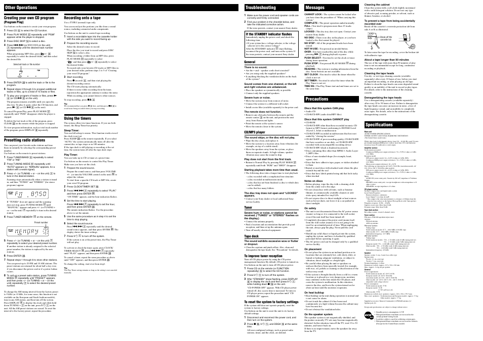 Other operations, Troubleshooting, Messages | Precautions, Speciﬁcations | Sony MHC-EC50 User Manual | Page 2 / 2