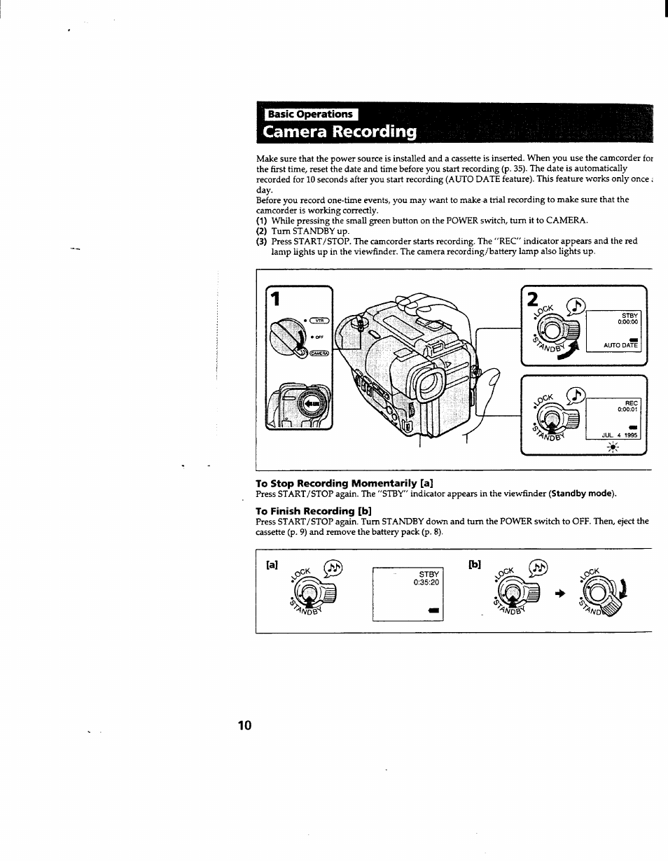 Camera recording, To stop recording momentarily [a, To finish recording [b | Sony CCD-TR600 User Manual | Page 10 / 55