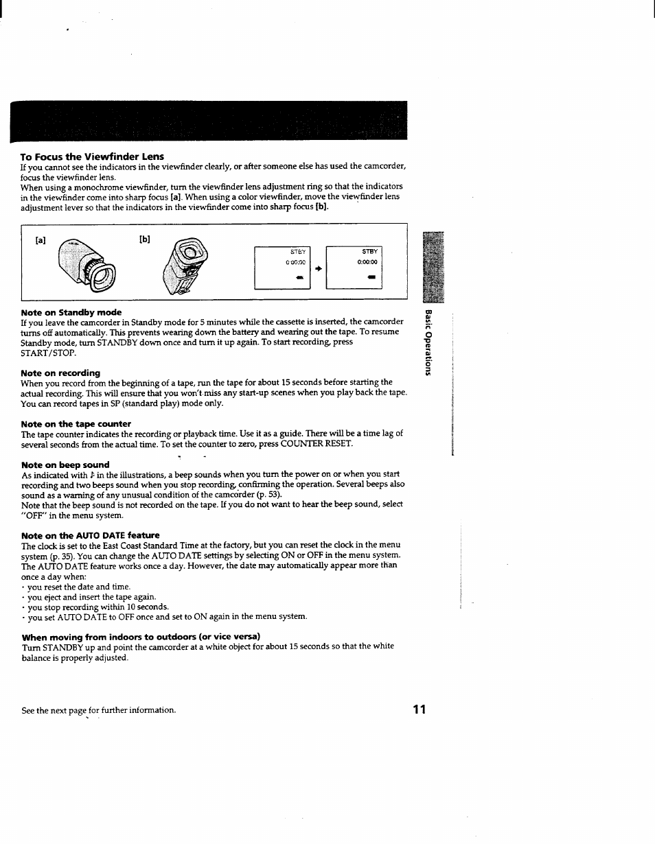 To focus the viewfinder lens, Note on standby mode, Note on recording | Note on the tape counter, Note on beep sound, Note on the auto date feature | Sony CCD-TR600 User Manual | Page 11 / 55