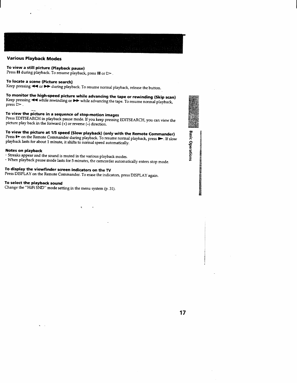 Various playback modes, To view a still picture (playback pause), To locate a scene (picture search) | Notes on playback, To select the playback sound | Sony CCD-TR600 User Manual | Page 17 / 55