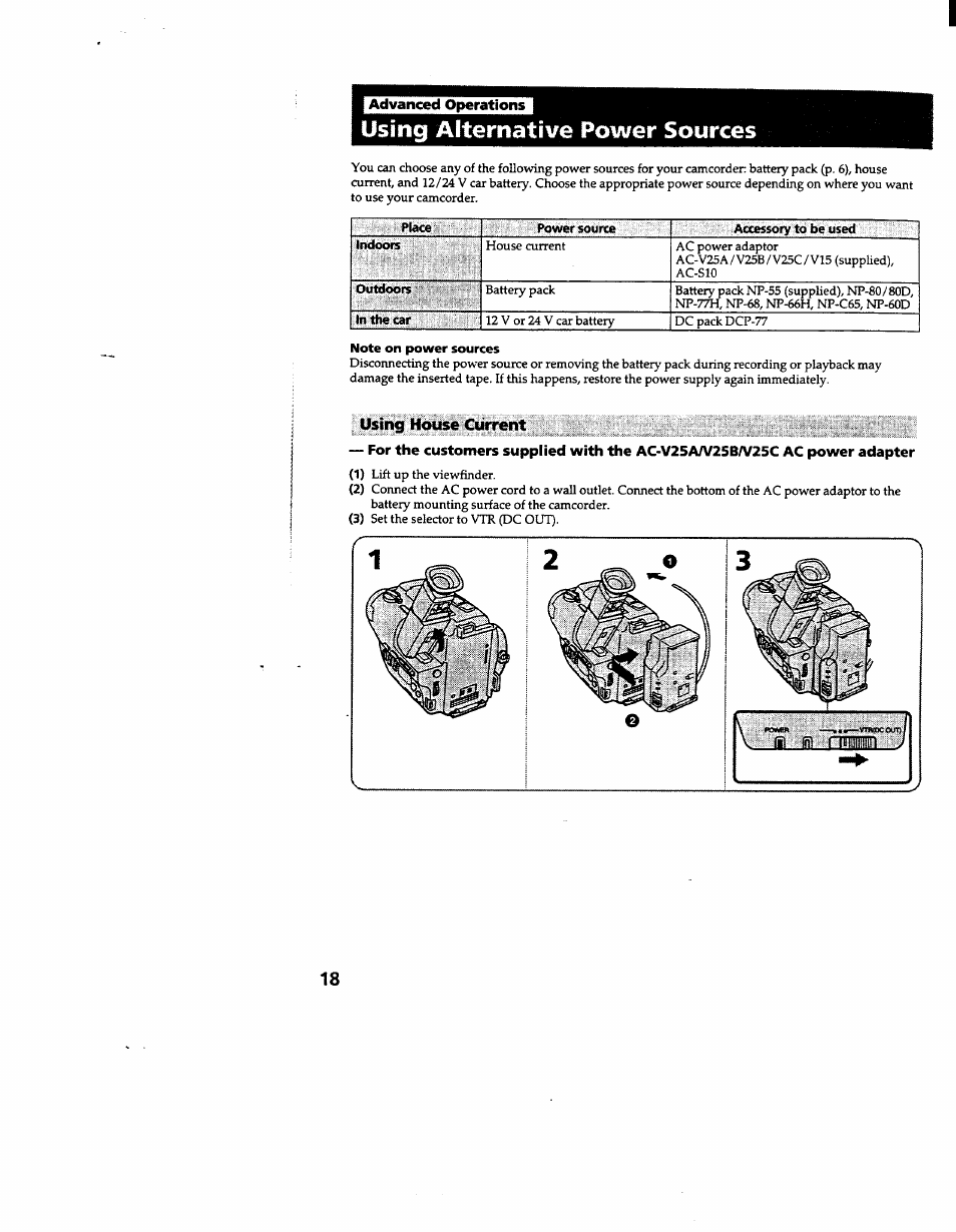 Using alternative power sources, Note on power sources, Using hthise current | Sony CCD-TR600 User Manual | Page 18 / 55