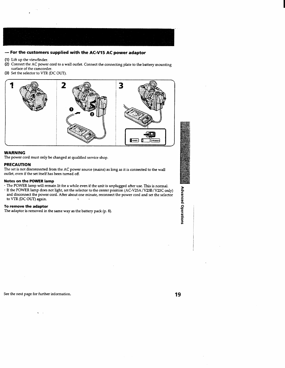 Warning, Precaution, To remove the adaptor | Sony CCD-TR600 User Manual | Page 19 / 55
