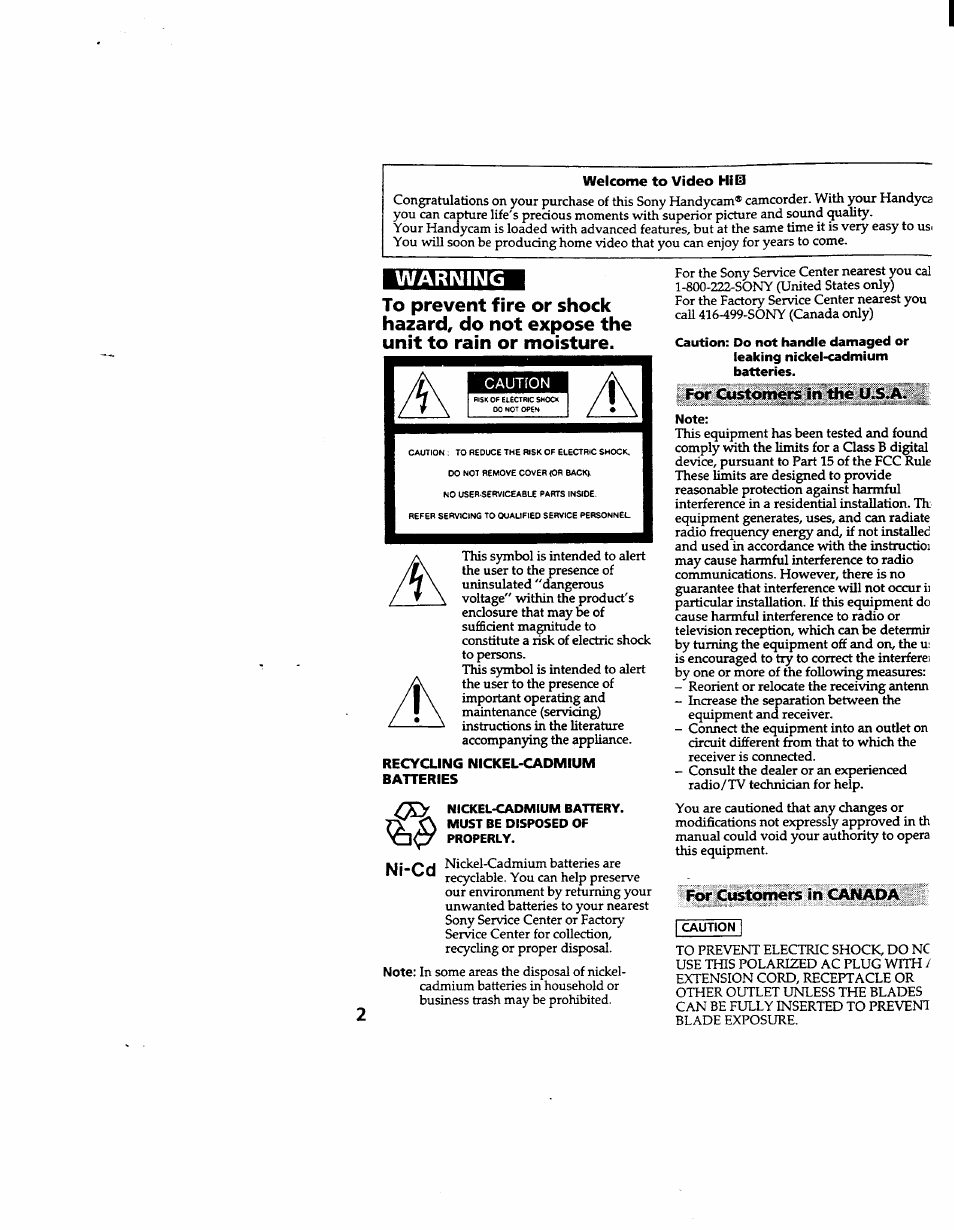 For customers in tiie u.s.a, Note, For customers in canada | Caution, Warning, Ni-cd | Sony CCD-TR600 User Manual | Page 2 / 55